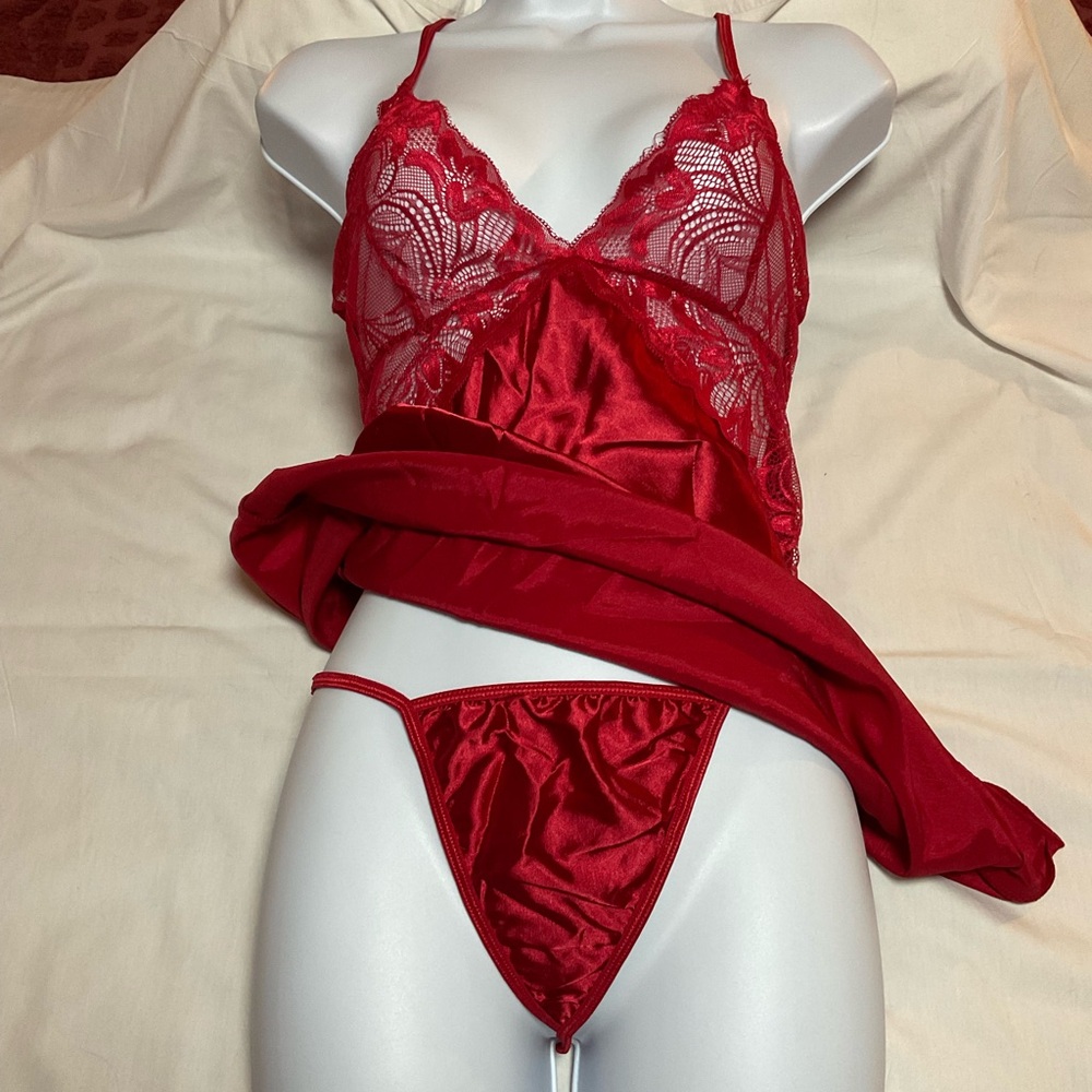 Red Satin Chemise with Lace Detailing